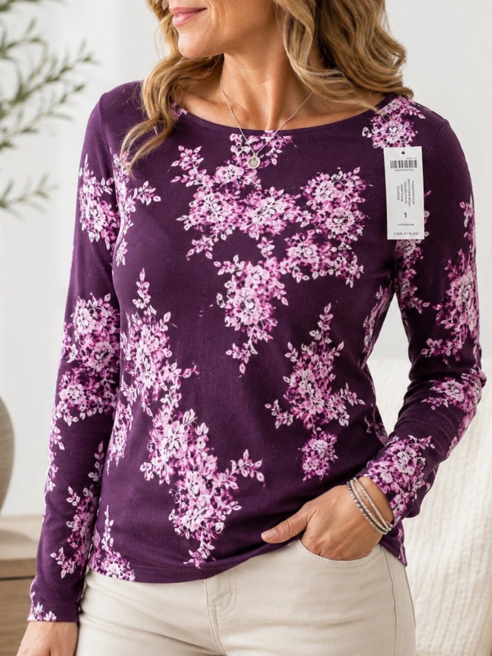 Chico’s Purple Floral Pullover Sweater Size 1 NWT